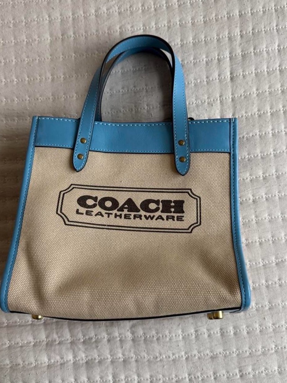 Coach Canvas Tote with Light Blue Leather Trim